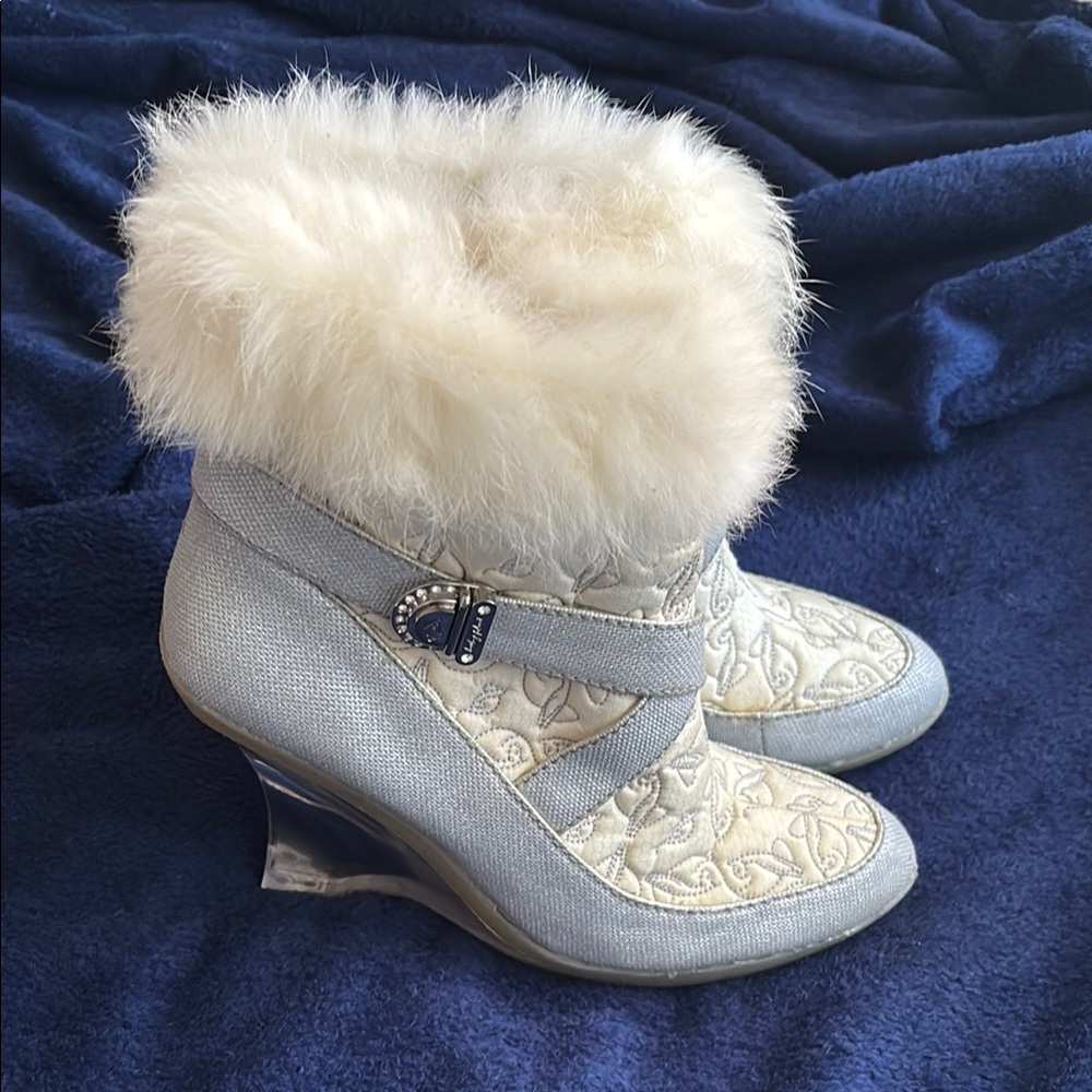 Baby Phat Blue and White Fur-Trimmed Heeled Boots